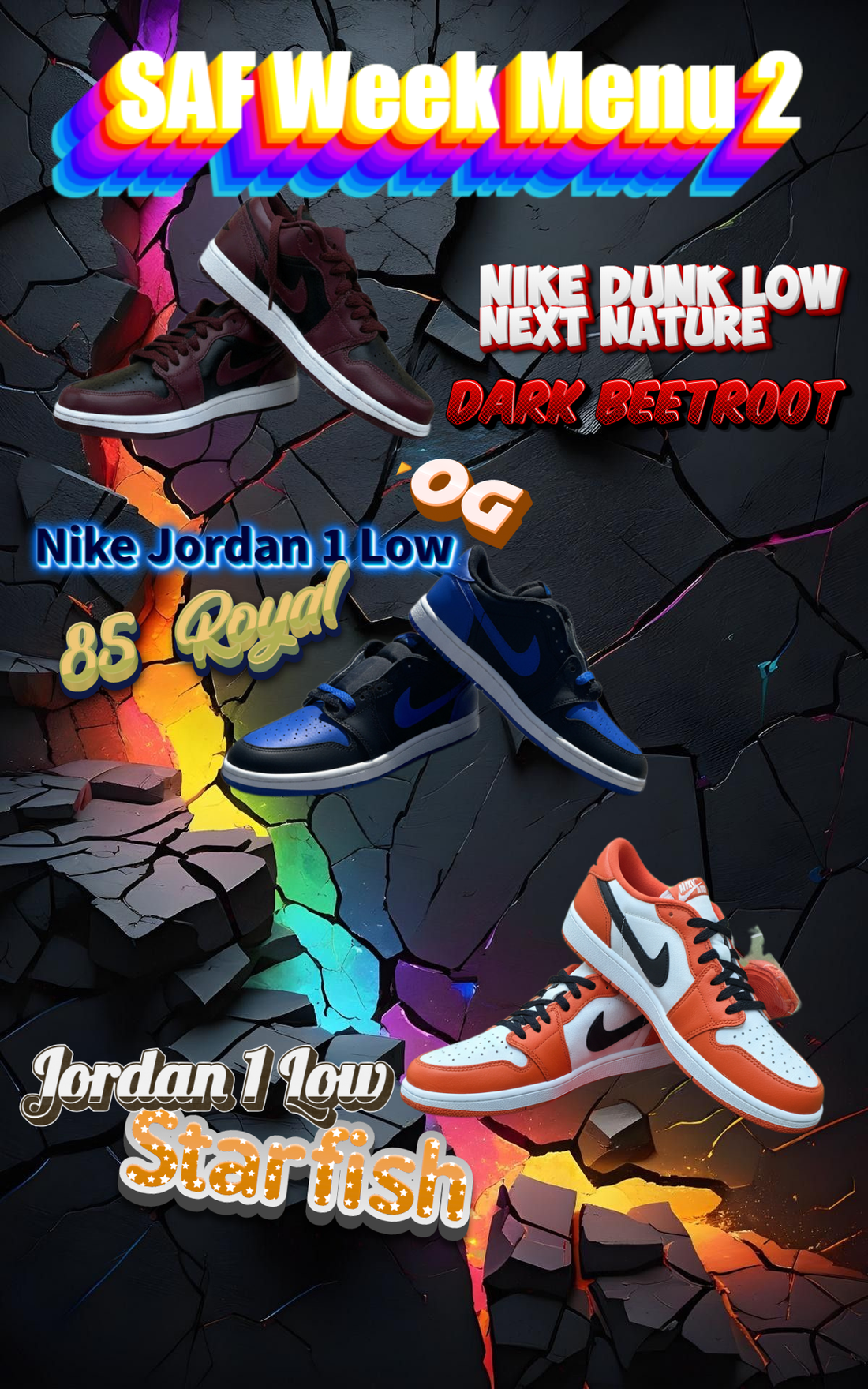Drie sneakers uit SAF Week Menu 2: Jordan 1 Low OG Starfish, Jordan 1 Low '85 Royal, Nike Dunk Low Dark Beetroot, met hun namen erbij