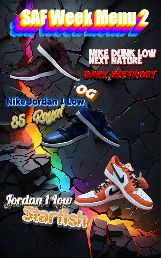 Drie sneakers uit SAF Week Menu 2: Jordan 1 Low OG Starfish, Jordan 1 Low '85 Royal, Nike Dunk Low Dark Beetroot, met hun namen erbij